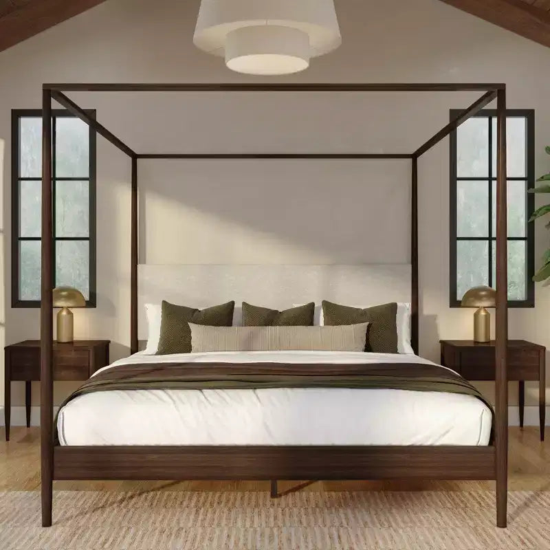 Letto king-size a baldacchino Harbor con testiera imbottita, biondo/Caffè svizzero (MD2411-01)