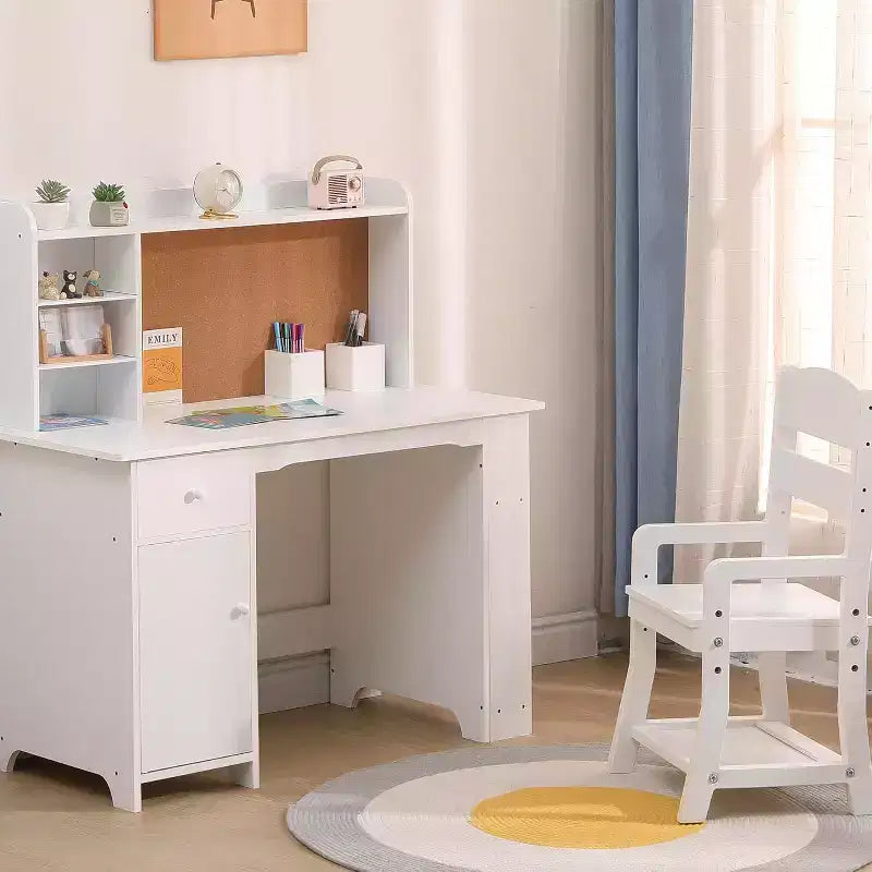 Kids Desk, Study Desk and Chair Set for Boys and Girl, Wooden Kids Writing Table with Bookshelf, Bulletin Board, Cabinet and Drawer for Ages 3-8
