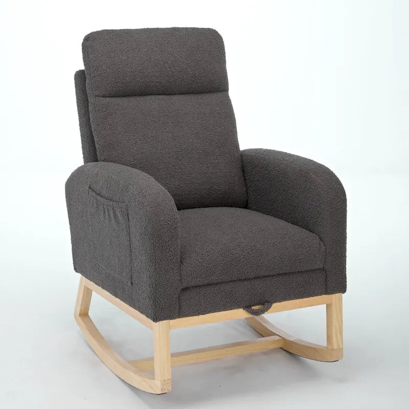 Moderne gestoffeerde schommelstoel met hoge rugleuning van 75 cm, poten van massief hout en verstelbare voetensteun