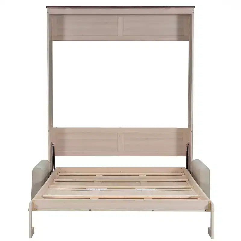 Murphy-bed in queensize met bank, houten kastbed in queensize met ledverlichting, opklapbaar wandbed voor de logeerkamer, beige