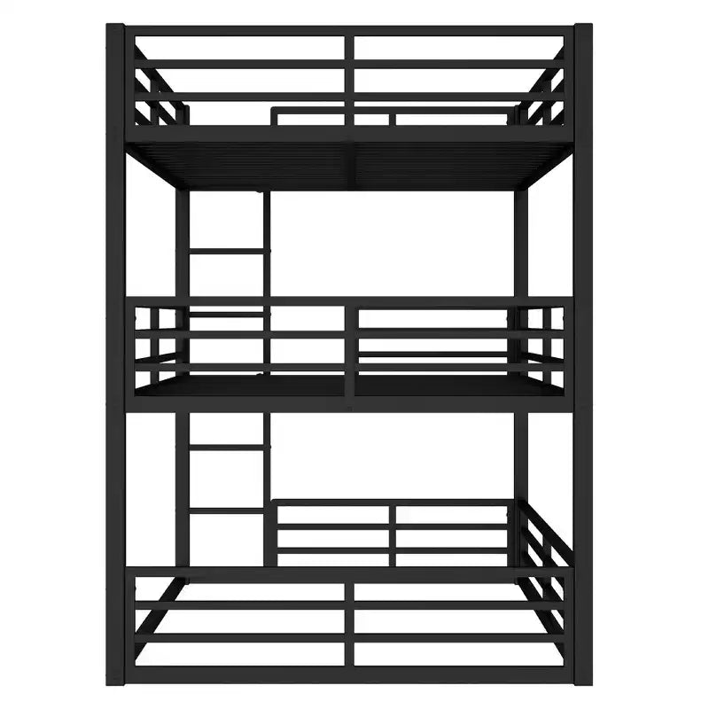 Full over Full over Full Bunk Bed, Metal Triple Bunk Bed with Safety Guardrails, Heavy-duty Bunk Bed with Noise-reduced Design, Black