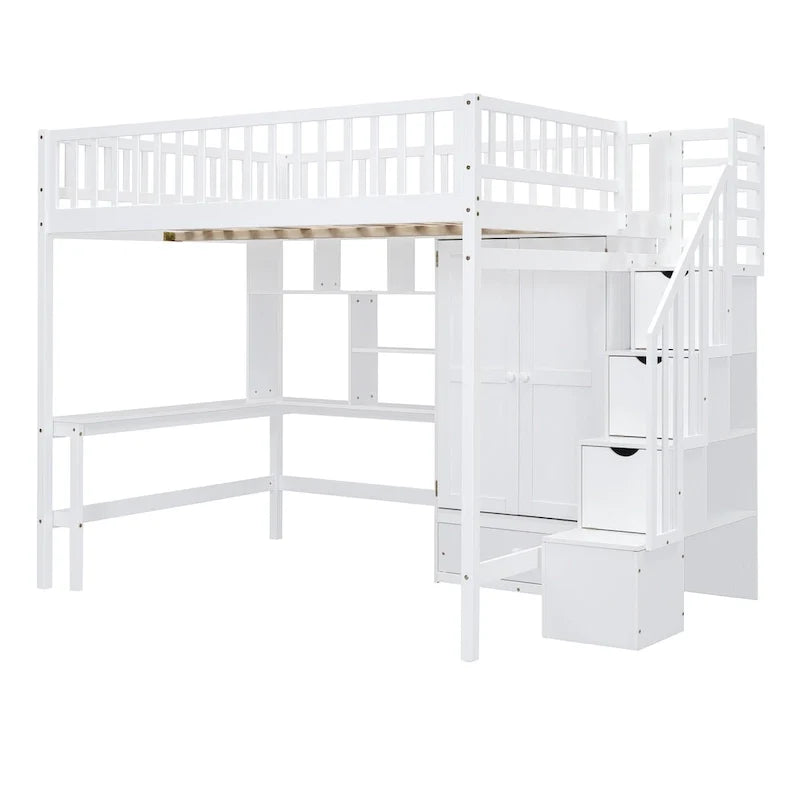 Full Pine Loft Bed with Desk and Storage