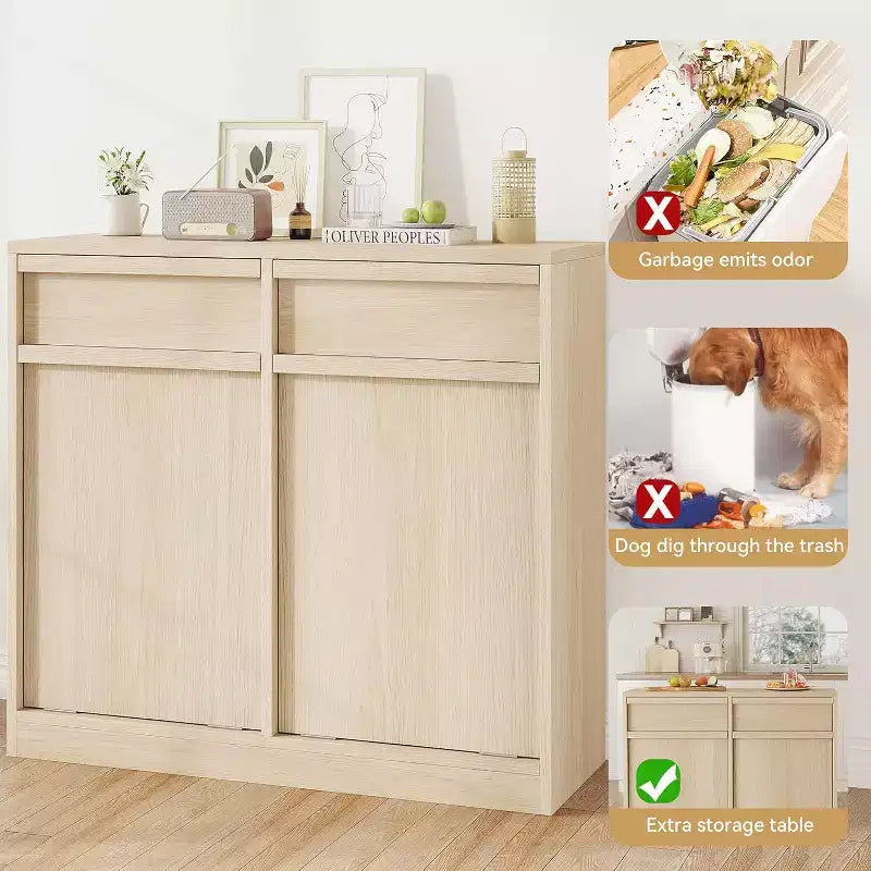 Tiltable Trash Can, Natural Oak, Trash Can with Storage and Drawer, Hidden Trash Cabinet, Laundry Basket for Kitchen, Dining Room, Living Room
