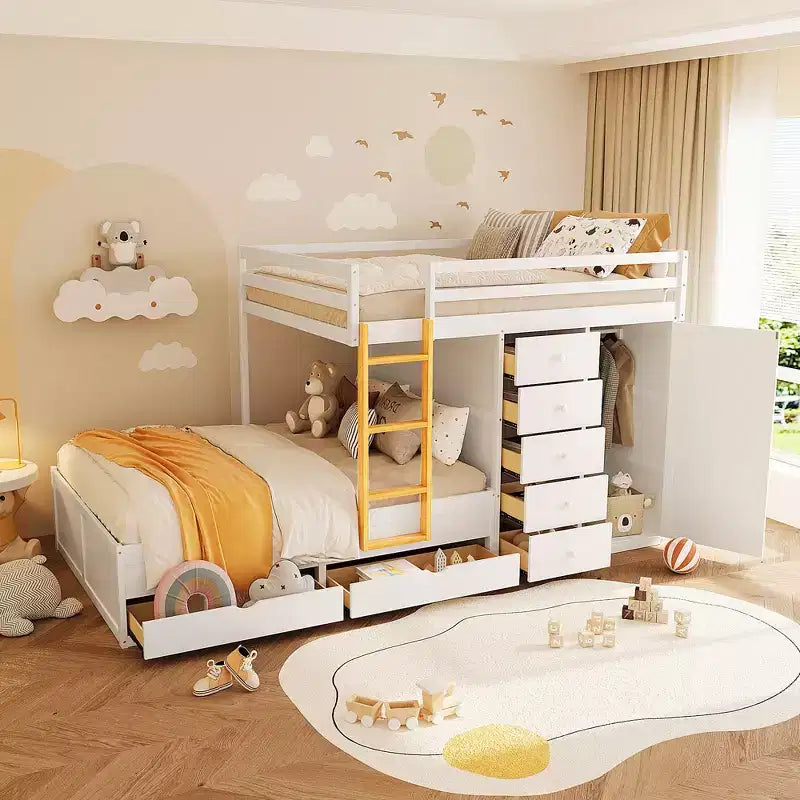 Full over Full Bunk Bed with Storage Wardrobe and Drawers, Full Size Wood Space-Saving Bunk Bed with Guardrail for Apartment, Bedroom