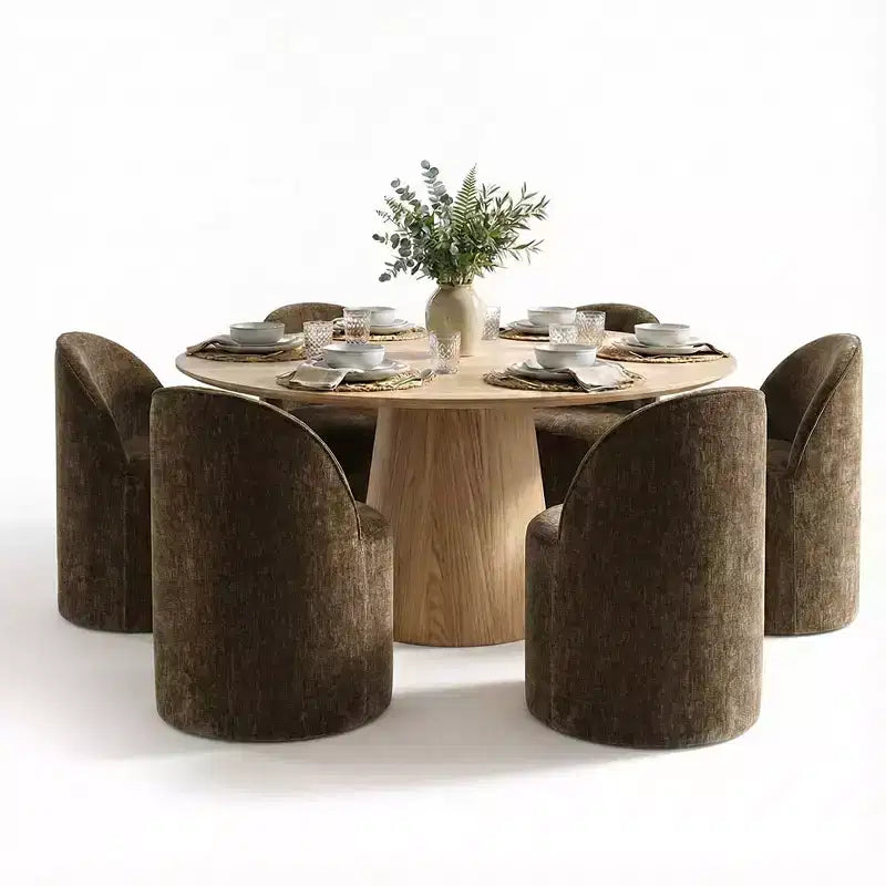 Modern Dining Table Set For 6, Round Pedestal Dining Table, Swivel Rolling Barrel Chairs With Wheels, Textured Chenille- Panipeachy