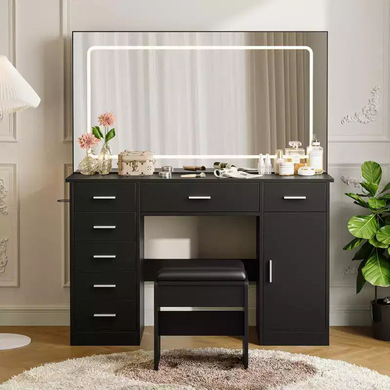 Modern Vanity Desk with Large Mirror, 7 Drawers, LED Lights, Chair, 3 Light Modes, Hair Dryer Holder and Charging Station for Bedroom
