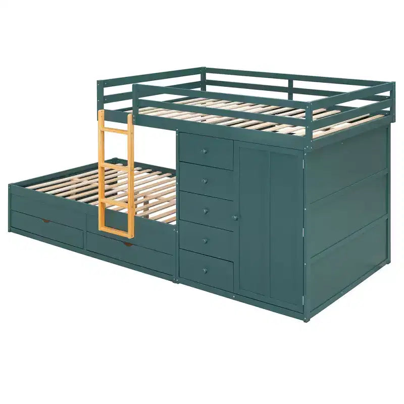 Full over Full Bunk Bed with Storage Wardrobe and Drawers, Full Size Wood Space-Saving Bunk Bed with Guardrail for Apartment, Bedroom