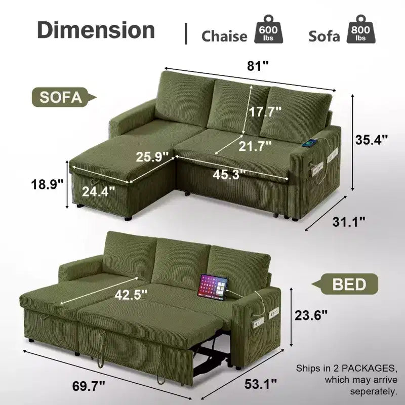 Dyonery 2-in-1-Schlafsofa zum Ausziehen mit Stauraum und Récamiere, Cord-Ecksofa mit USB-Anschlüssen für das Wohnzimmer