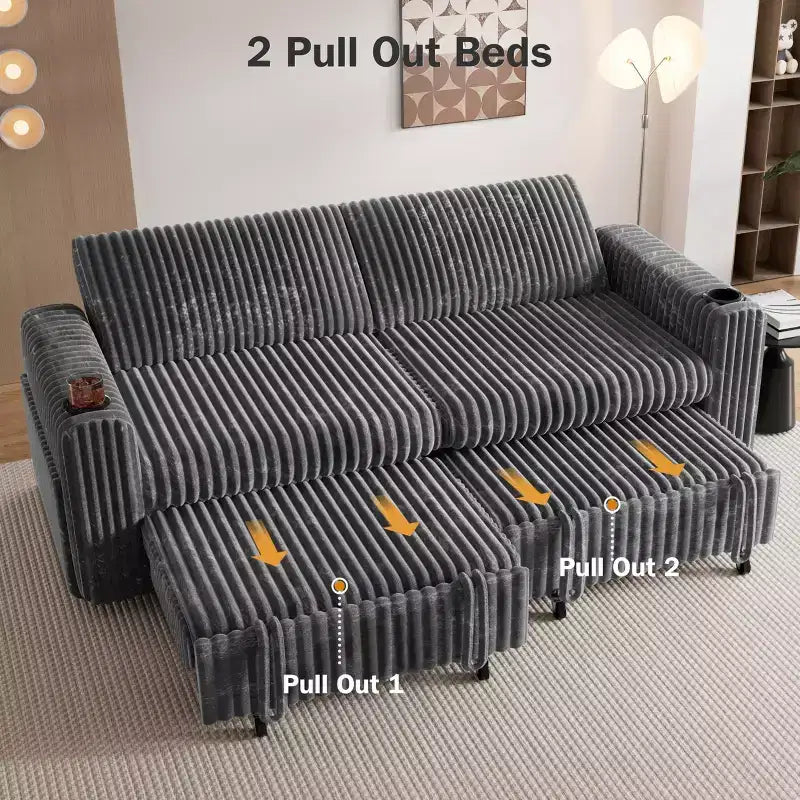 Dyonery 91-delige slaapbank met chaise longue en uitschuifbaar bed, verstelbare rugleuning/twee uitschuifbare bedden/USB-poorten/bekerhouders, zacht corduroy