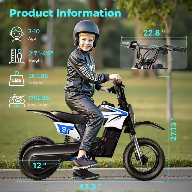ECOLEAP K1 elektromos terepmotor gyerekeknek, 36 V, 16 MPH végsebesség, 14 mérföldes hatótáv, 700 W csúcsteljesítményű motor, 3 sebességfokozat, 12 terepgumi, UL, 3–10 éves korig