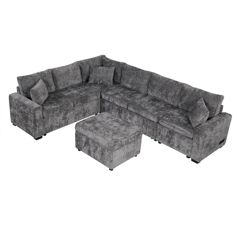 Chenille Sectional Sofa Pull-out Sofa Bed, L-Shape Sleeper Sofa with Storage Ottoman, 3 Pillows and Charging Devices