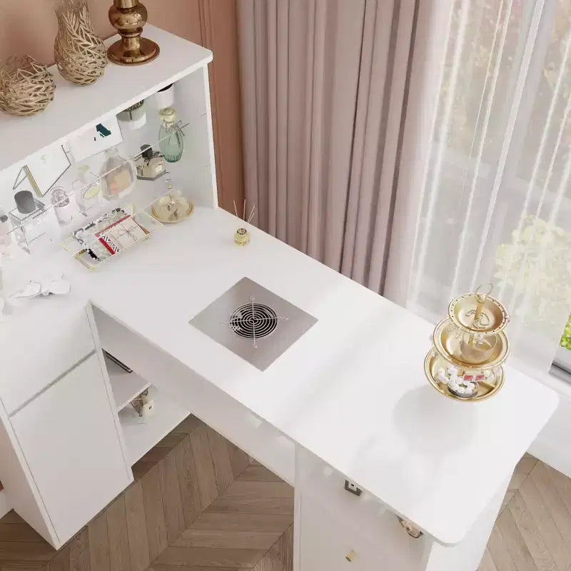 Witte manicuret tafel met ingebouwde stofafzuiging, vitrineblad van gehard glas, gouden handgrepen, manicuresalonstation, make-upkaptafel, make-uptafel