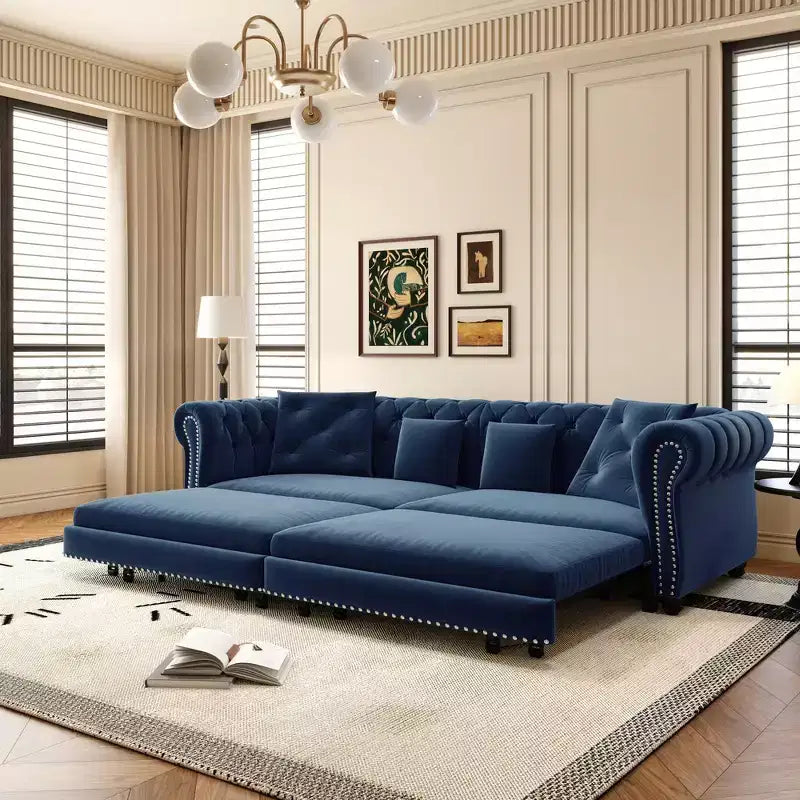Whisen Samt-Schlafsofa in King-Size mit Ausziehfunktion und 3-in-1-Funktion, wandelbares Schlafsofa mit beweglichem Hocker und Steppdesign