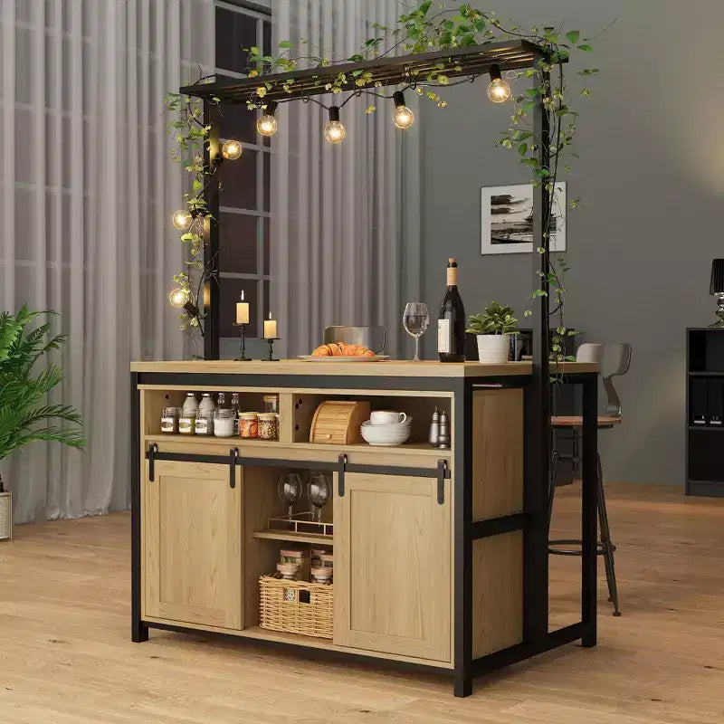 Keukeneiland, bakkersrek met schuifdeur in schuurstijl, groot keukeneiland van 42 inch met magnetronstandaard met 3 niveaus, ovenplanken, koffiebartafelset