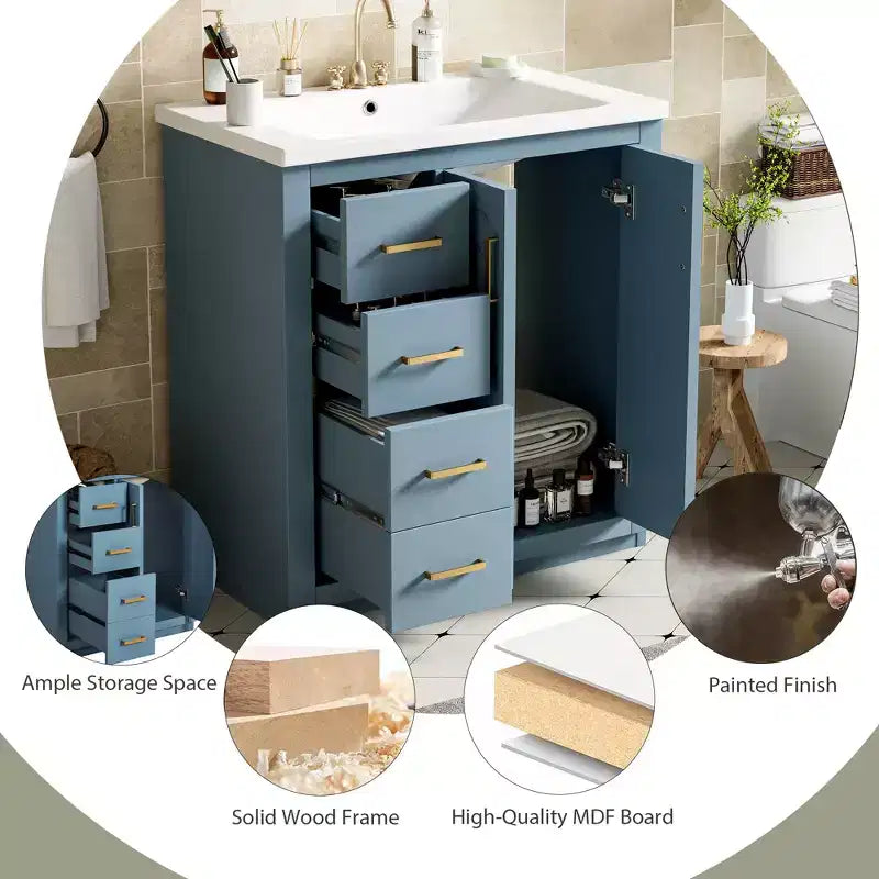 30 Single Sink Bathroom Vanity with Cabinet & 3 Drawers 鈥?Black / Blue / Green / Indigo / White