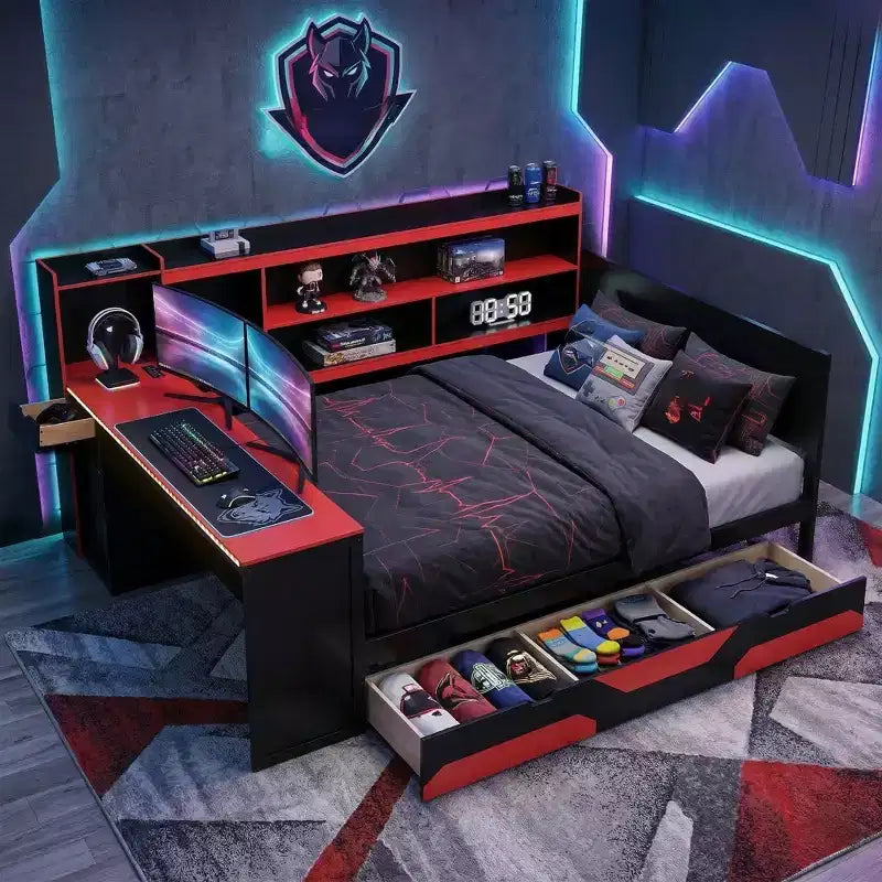 Łóżko dzienne Gamer Hub z biurkiem, oświetleniem RGB, stacją ładowania, szufladami do przechowywania i zagłówkiem z regałem na książki