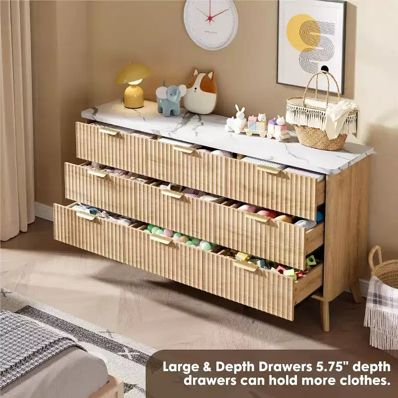 9 Drawers Fluted Dresser, Modern Chest, Wooden Dresser TV Stand, Curved Profile Design, for Living Room, Hallway