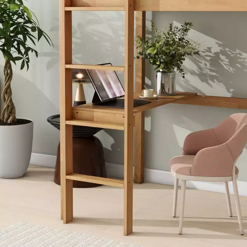 Okak Minimalism Loft Bed with Ladder, Rubber Wood Twin Loft Bed with Safety Guardrail and Build-In Desk, Bed Frames for Kids, Teenagers