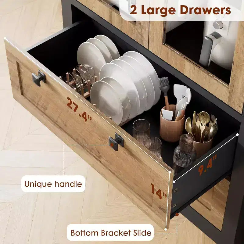 Farmhouse Kitchen Pantry Cabinet with Glass Doors, 72in Storage Cupboard with Drawers and Adjustable Shelves for Dining Room Bathroom Living Room