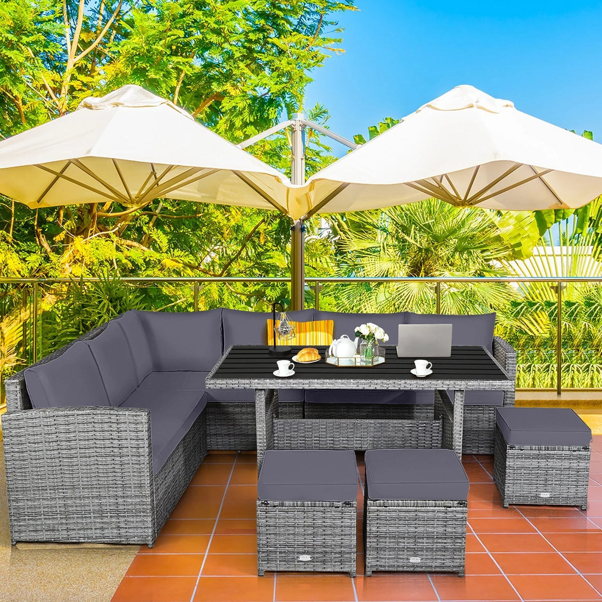Costway 7-delige eethoek voor de patio van rotan, modulaire bank, fauteuil en voetenbank - Bekijk de details