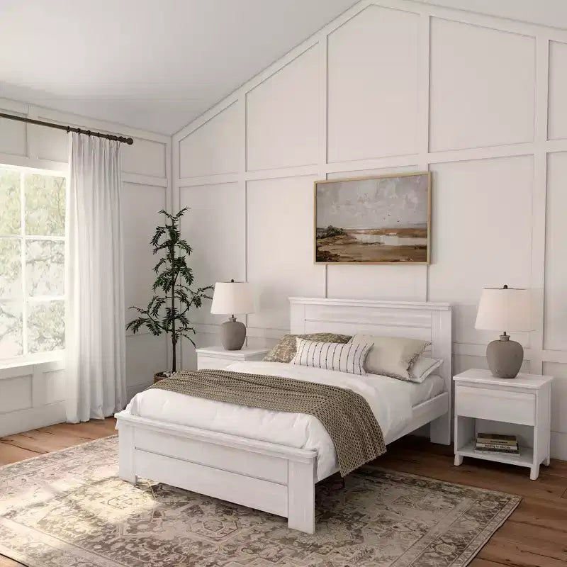 Plank+Beam bedframe in landelijke stijl, tweepersoonsformaat, met hoofdbord, platformbed van massief hout