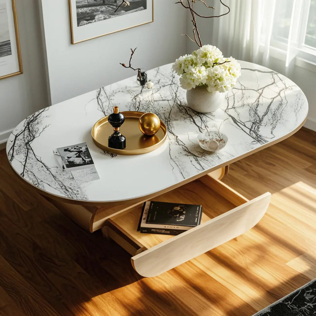 Contemporary Unique Marble Top Oval Coffee Table with Drawer
