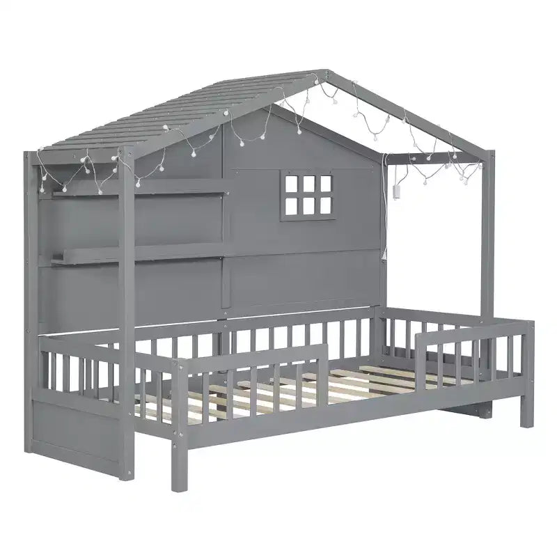 Twin Size House Bed with Storage Shelves and Rails, Wood Kids Montessori Bed Frame with Window and Sparkling Light Strip