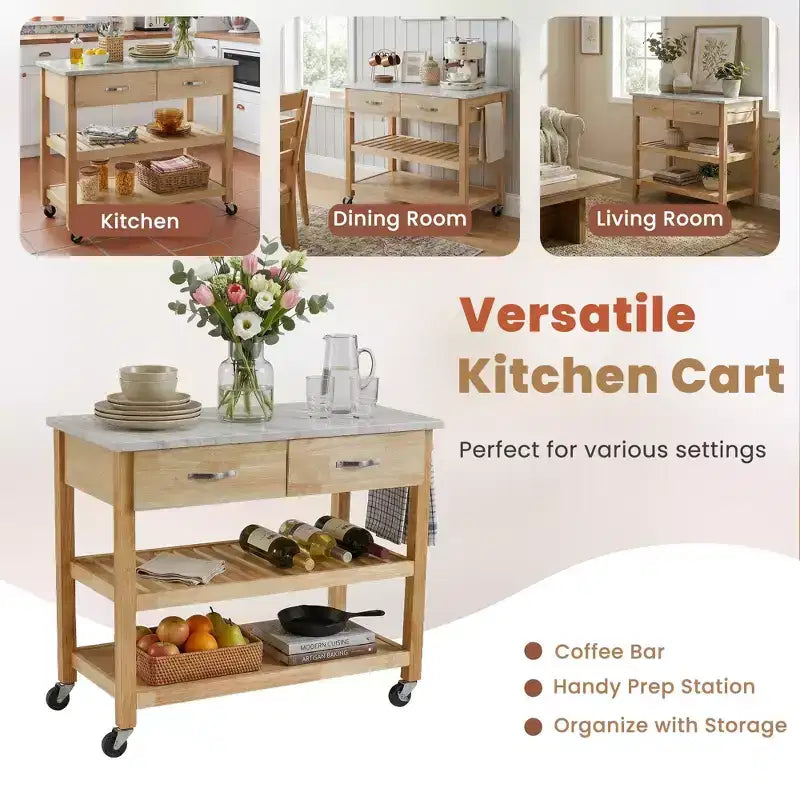 Rolling Kitchen Cart with Marble Top Solid Wood Kitchen Island Cart with 2 Drawers 3-Tier Kitchen Trolley with Lockable Detachable Wheels & Towel Rack