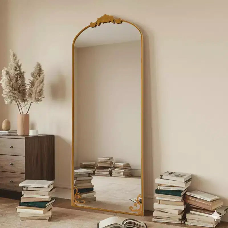 165 × 56 cm großer, gewölbter Ganzkörperspiegel aus Metall im Vintage-Barockstil, Antikgold