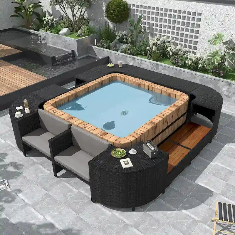 Vierkante loungeset van rotan voor buiten met spa-omlijsting en frame