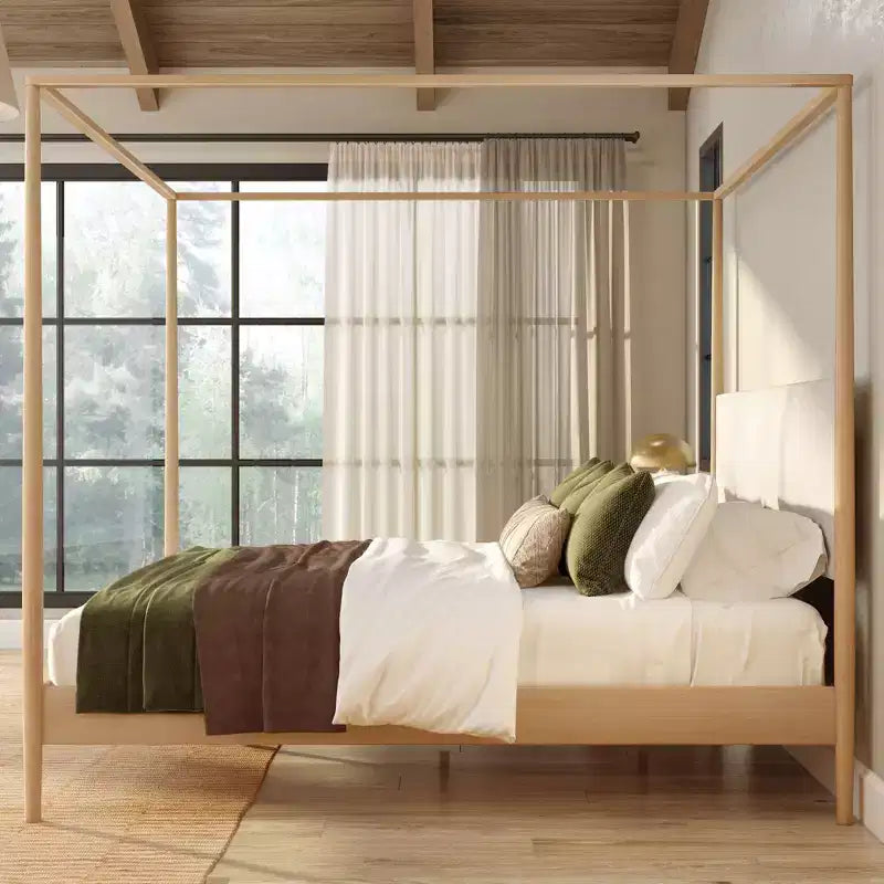 Letto king-size a baldacchino Harbor con testiera imbottita, biondo/Caffè svizzero (MD2411-01)