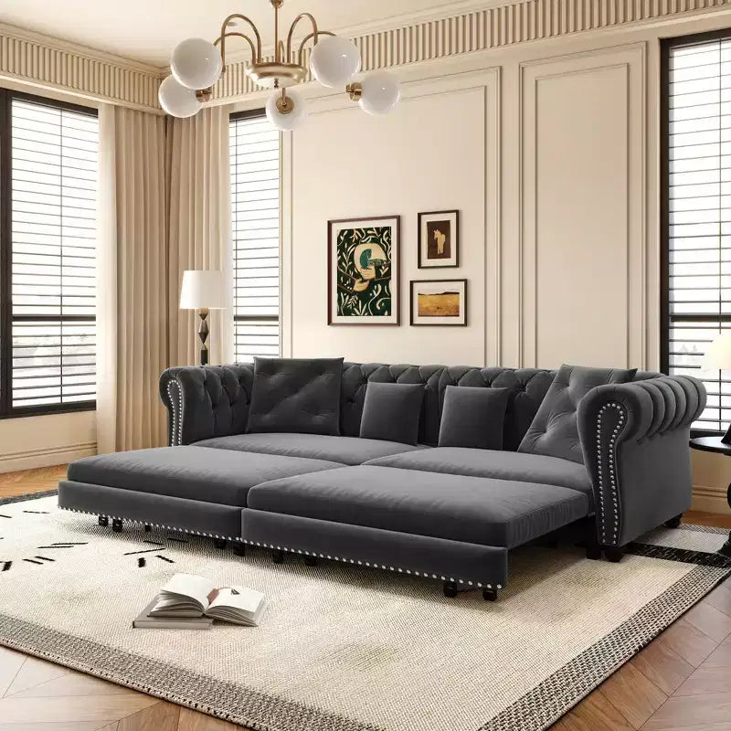 Whisen Samt-Schlafsofa in King-Size mit Ausziehfunktion und 3-in-1-Funktion, wandelbares Schlafsofa mit beweglichem Hocker und Steppdesign