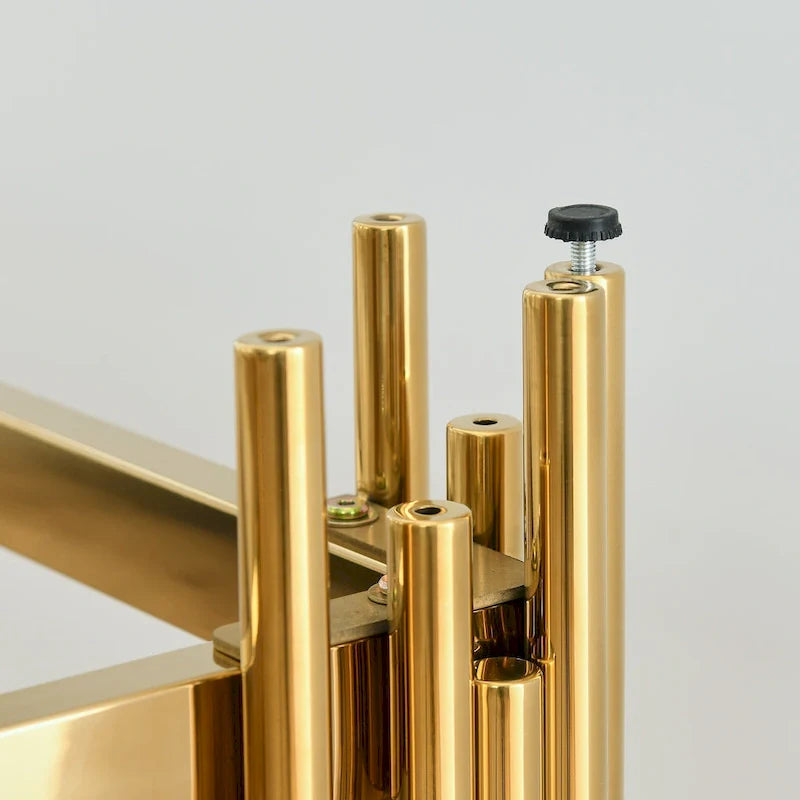 Console étroite à 2 niveaux avec structure en métal finition dorée et plateau en verre trempé