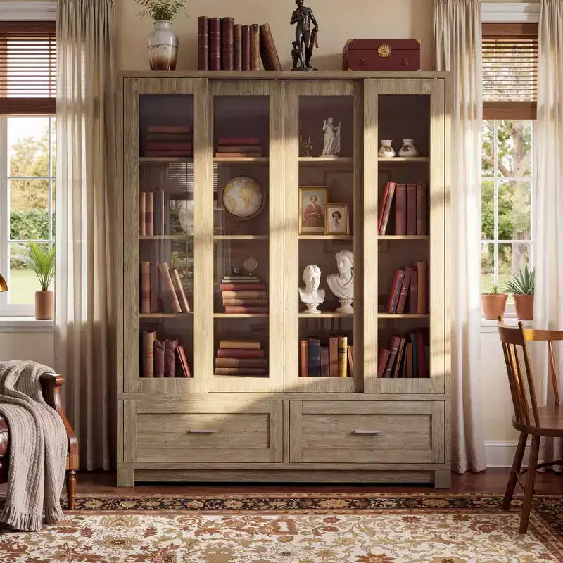Famapy Vitrine in heller Eichenholzoptik: 160 cm breit, Schiebetüren aus Glas und Schubladenstauraum, geräumiger Organizer für Bibliotheken und Wohnzimmer