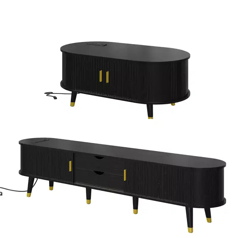 CLIHOME TV-Schrank und Couchtisch-Set aus Holz im Landhausstil mit Ladestation, ovale geriffelte Medienkonsole für Fernseher bis zu 80