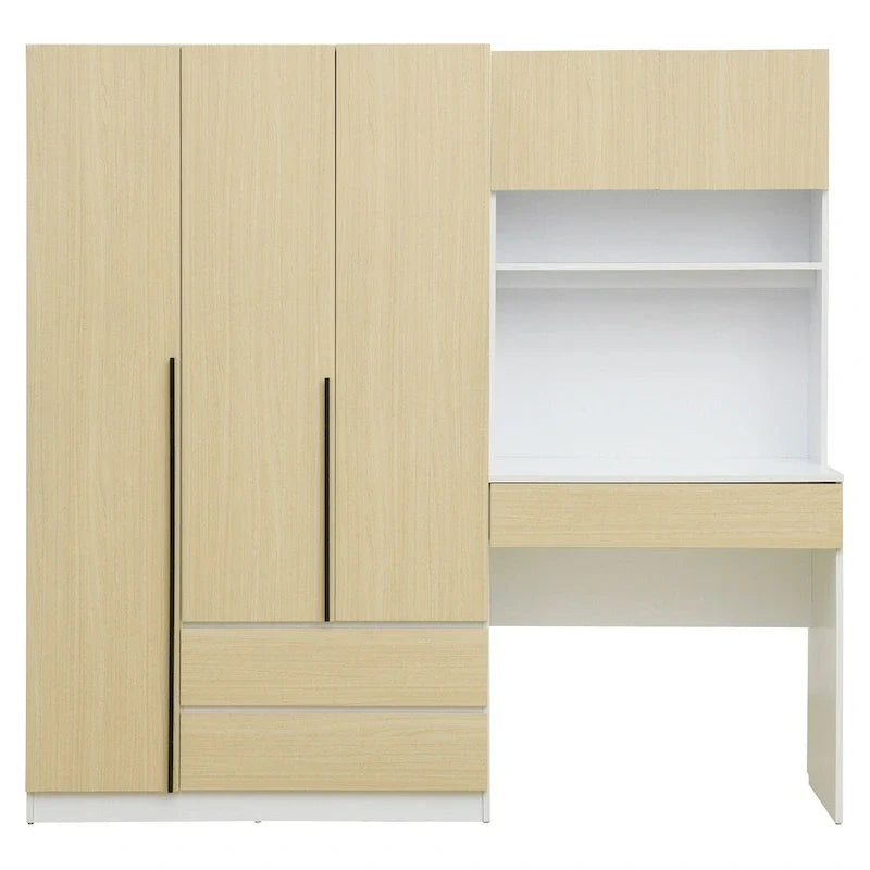 3-in-1 Wardrobe Closet with Vanity Desk, Desk Set, Bedroom Armoire with 2 Drawers 3-Door Storage Desk Wardrobe