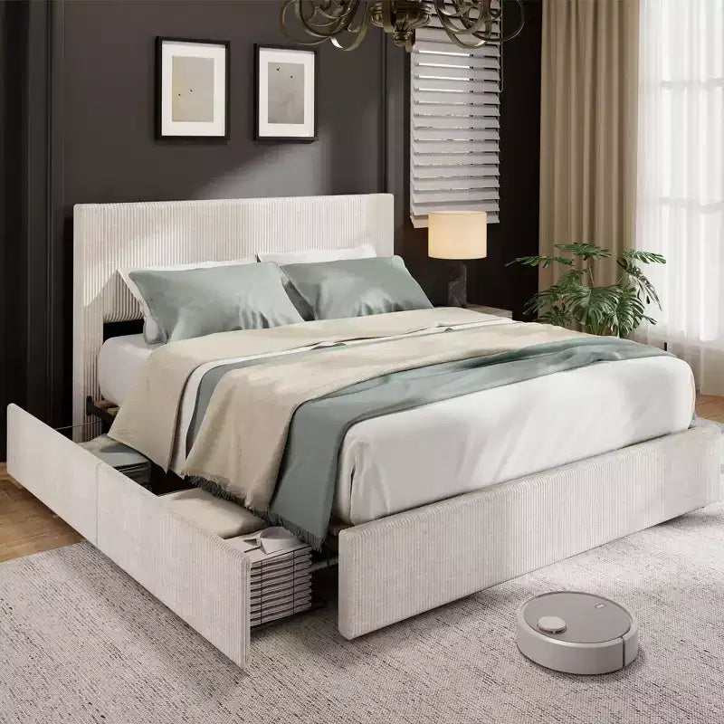 CuisinSmart Corduroy Bed Frame with Headboard, Platform Upholstered Bed Frame with 4 Storage Drawers and Wooden Slats Support