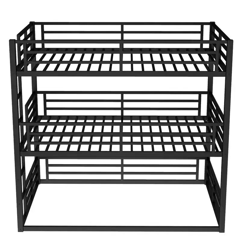 Full over Full over Full Bunk Bed, Metal Triple Bunk Bed with Safety Guardrails, Heavy-duty Bunk Bed with Noise-reduced Design, Black