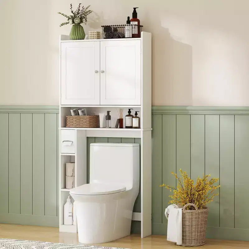 HOMCOM Over the Toilet Storage Cabinet, Modern Above Toilet Bathroom Organizer with 2 Doors, Toilet Paper Holder, Freestanding Space Saver