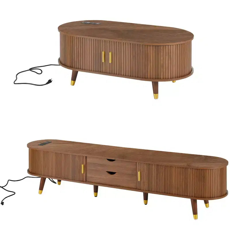 CLIHOME TV-Schrank und Couchtisch-Set aus Holz im Landhausstil mit Ladestation, ovale geriffelte Medienkonsole für Fernseher bis zu 80