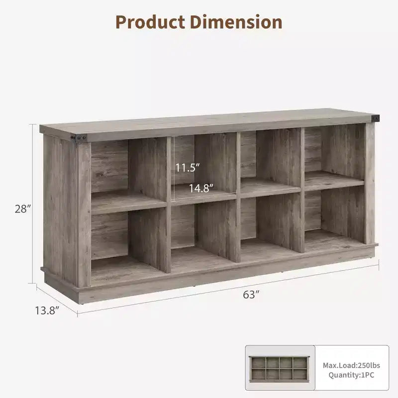 8 Cube Storage Organizer Bookshelf, Farmhouse Horizontal Bookcase, 62 Inch Wood Storage Bookcase for Entryway, Long Low Bookshelves for Living Room
