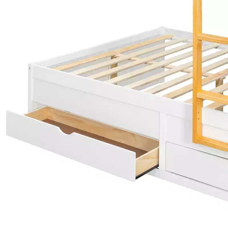 Full over Full Bunk Bed with Storage Wardrobe and Drawers, Full Size Wood Space-Saving Bunk Bed with Guardrail for Apartment, Bedroom