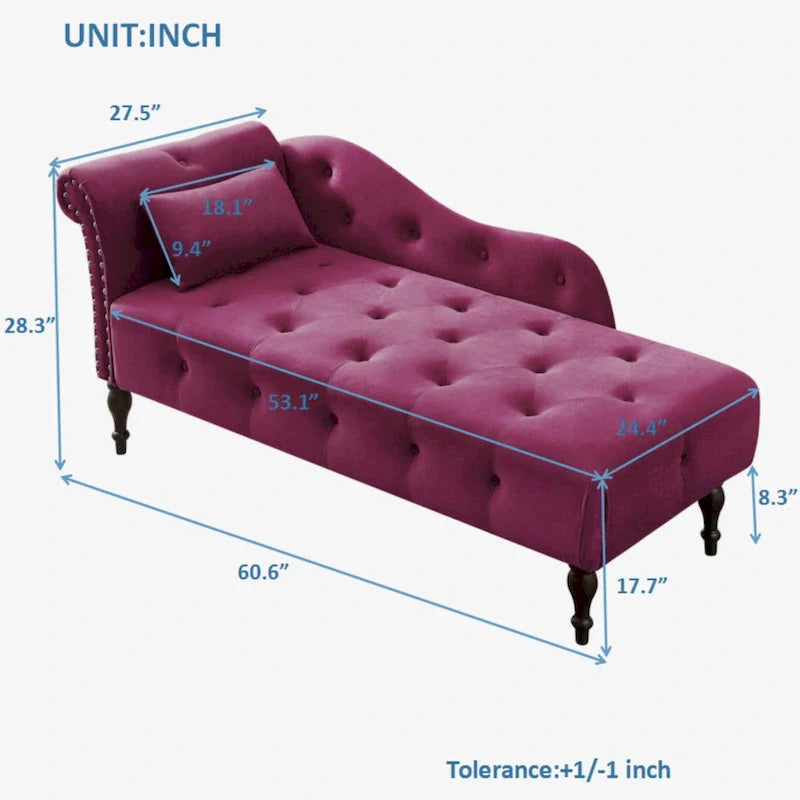 Modern 60.6  Velvet Upholstered Buttons Tufted Chaise Lounge Chair with Solid Wood Legs and Nailheads