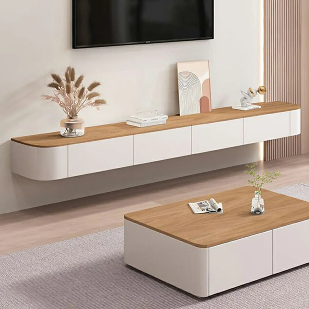 Meuble TV suspendu contemporain, long et blanc, en bois, avec tiroirs