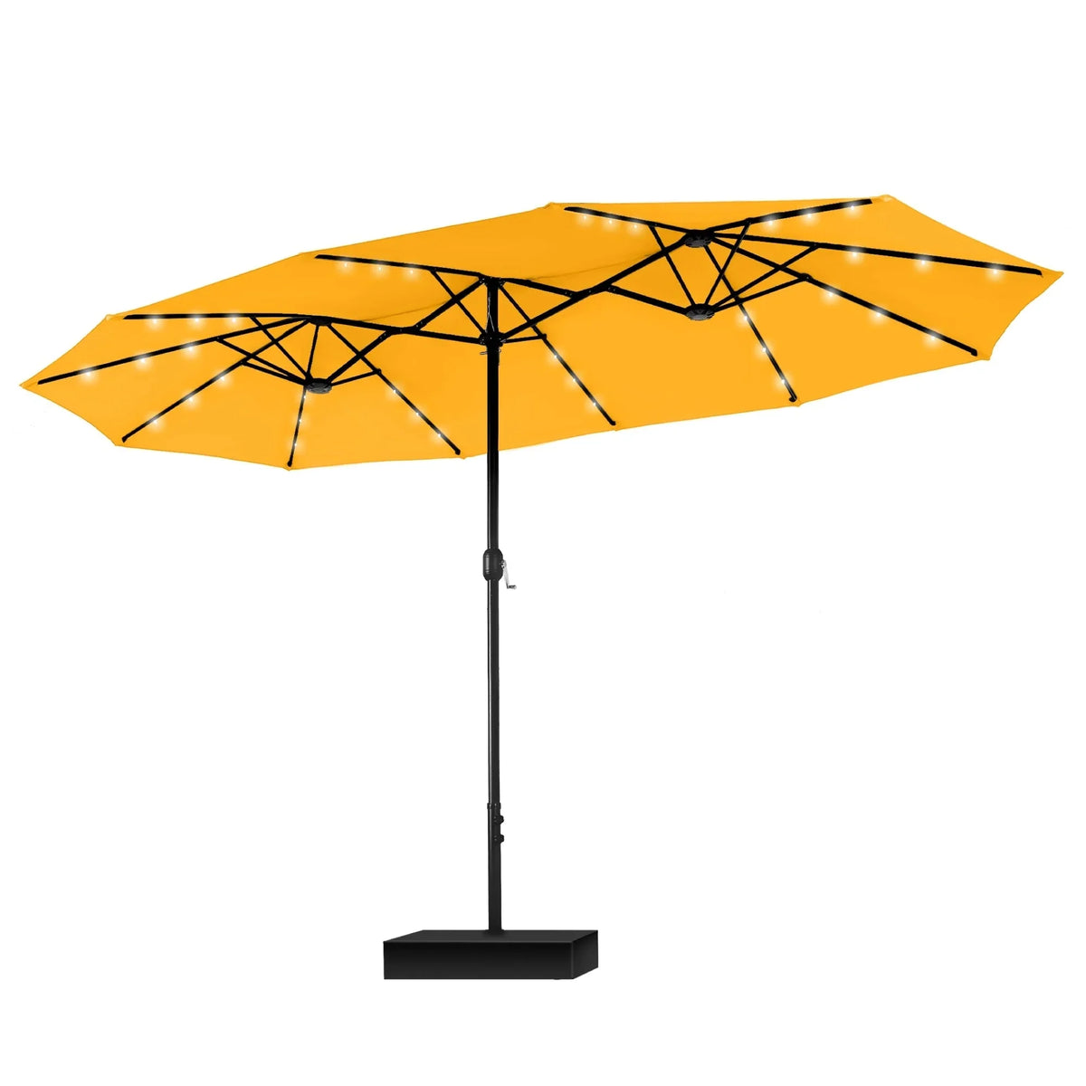 MAISON ARTS rechthoekige dubbelzijdige buitenparasol van 4,57 meter met slinger, zonnelampen en meegeleverde voet