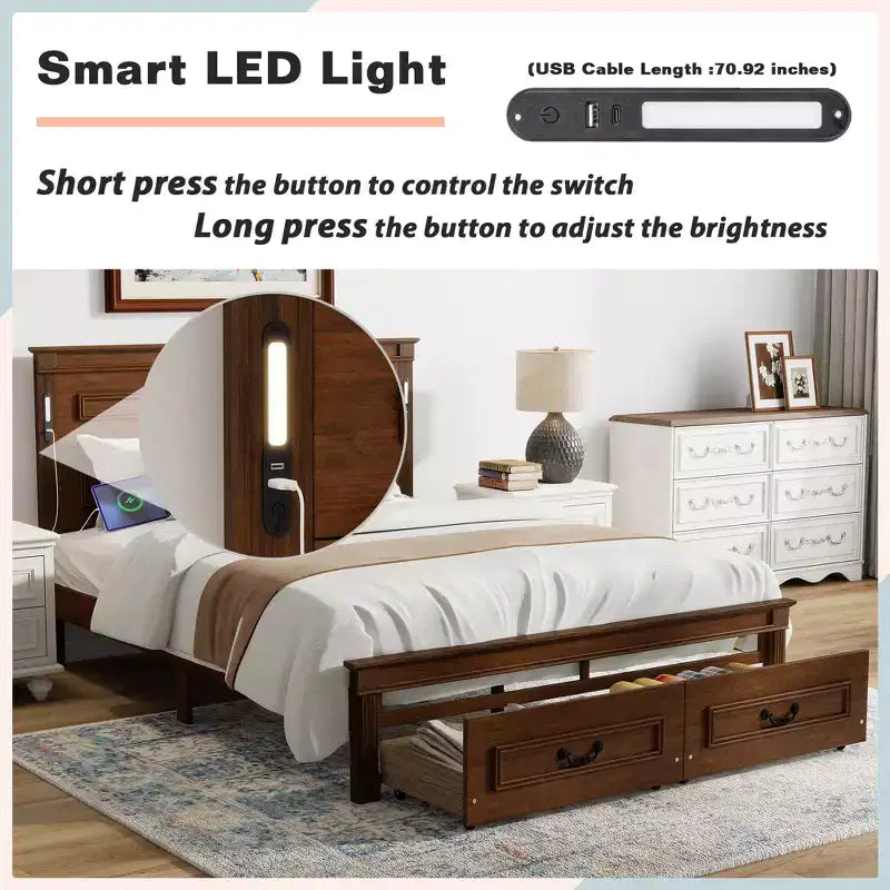 ModernLuxe platformbed voor eenpersoons- of tweepersoonsformaat met hoog hoofdbord, rustiek houten bedframe met 2 laden, ledverlichting en USB-poorten