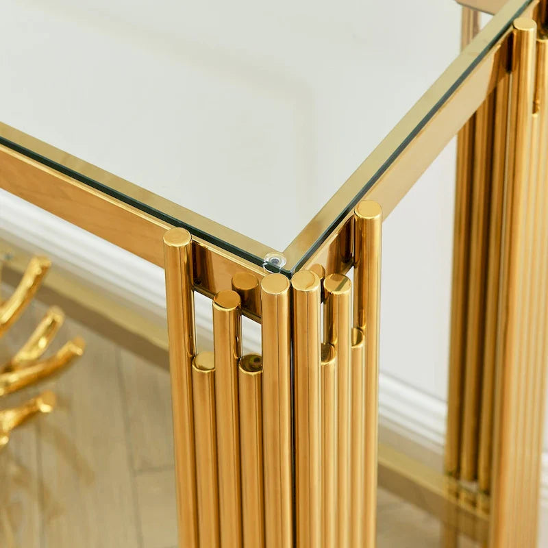 Console étroite à 2 niveaux avec structure en métal finition dorée et plateau en verre trempé