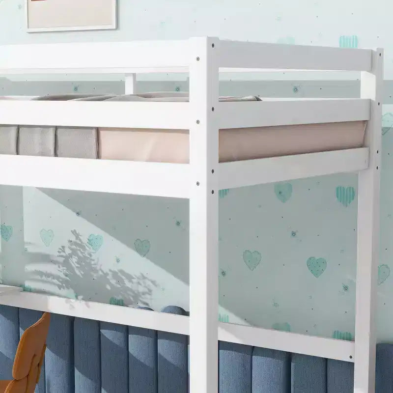Okak Minimalism Loft Bed with Ladder, Rubber Wood Twin Loft Bed with Safety Guardrail and Build-In Desk, Bed Frames for Kids, Teenagers