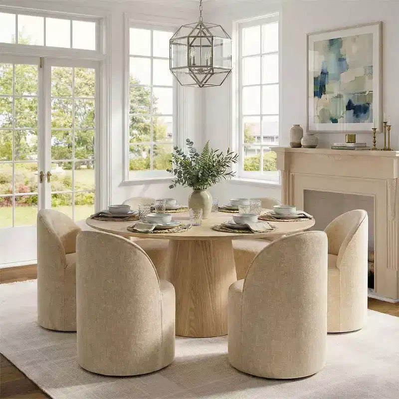Set da pranzo moderno per 6 persone, tavolo da pranzo rotondo con base centrale, sedie a botte girevoli con ruote, in ciniglia testurizzata - Panipeachy