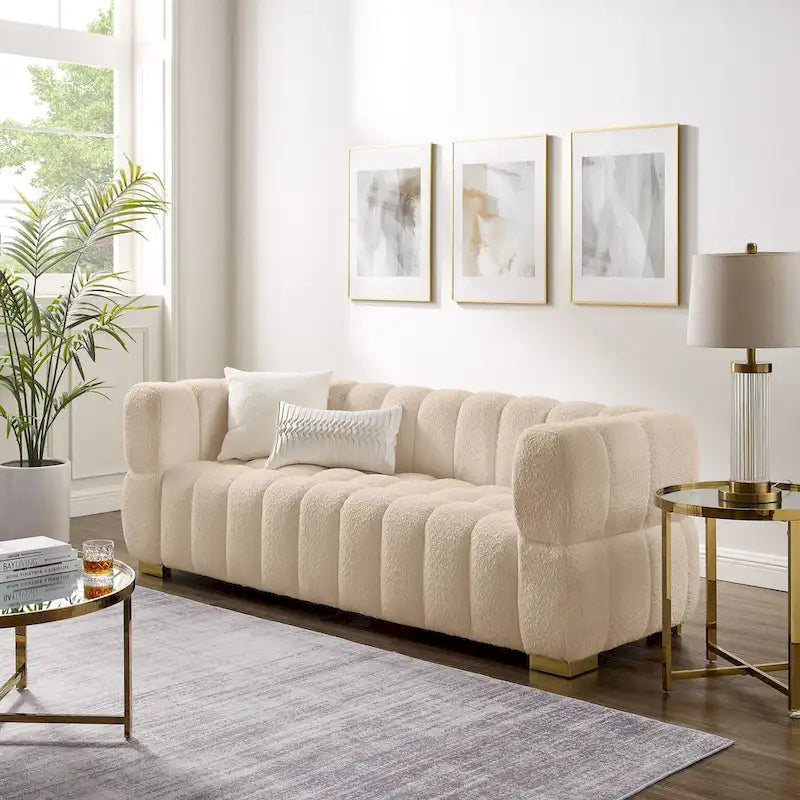 85 Modern Waffle Fabric Couch, Leisure Comfortable Sofa